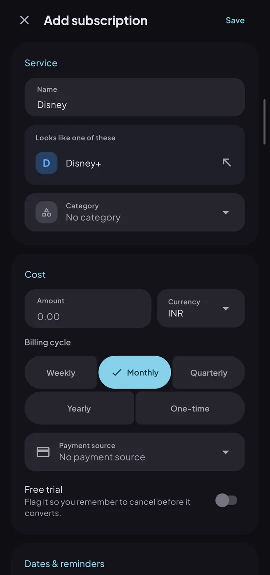 Add subscription form suggesting Disney+ after typing Disney, with amount, currency and billing cycle