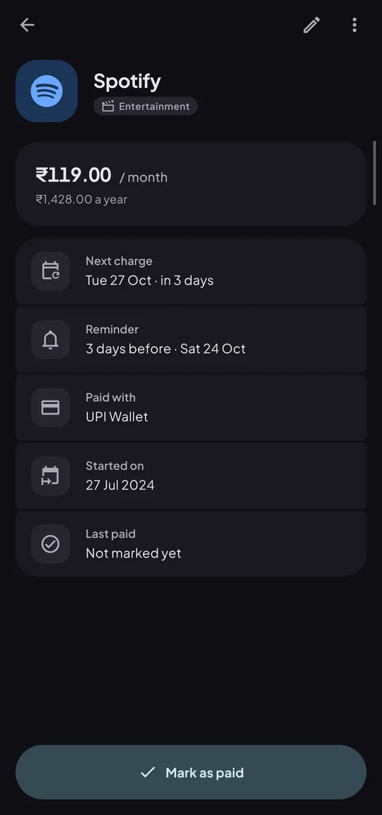Spotify details: ₹119 a month, next charge, reminder, payment source, start date and a Mark as paid button